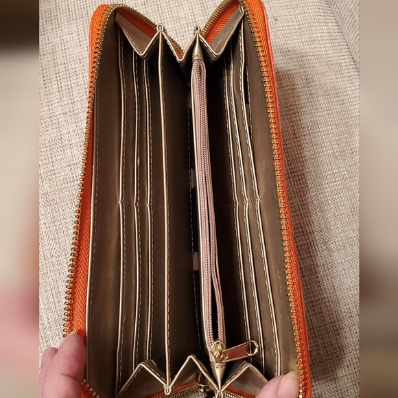 Anne Klein zippered wallet, orange with gold zippers and embellishment lock. - Picture 8 of 15